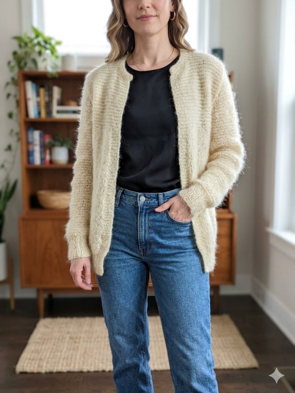 Vintage Handmade Mohair Open-Front Cardigan - Fluffy Cream/ Beige - Size:Medium - Picture 2 of 5